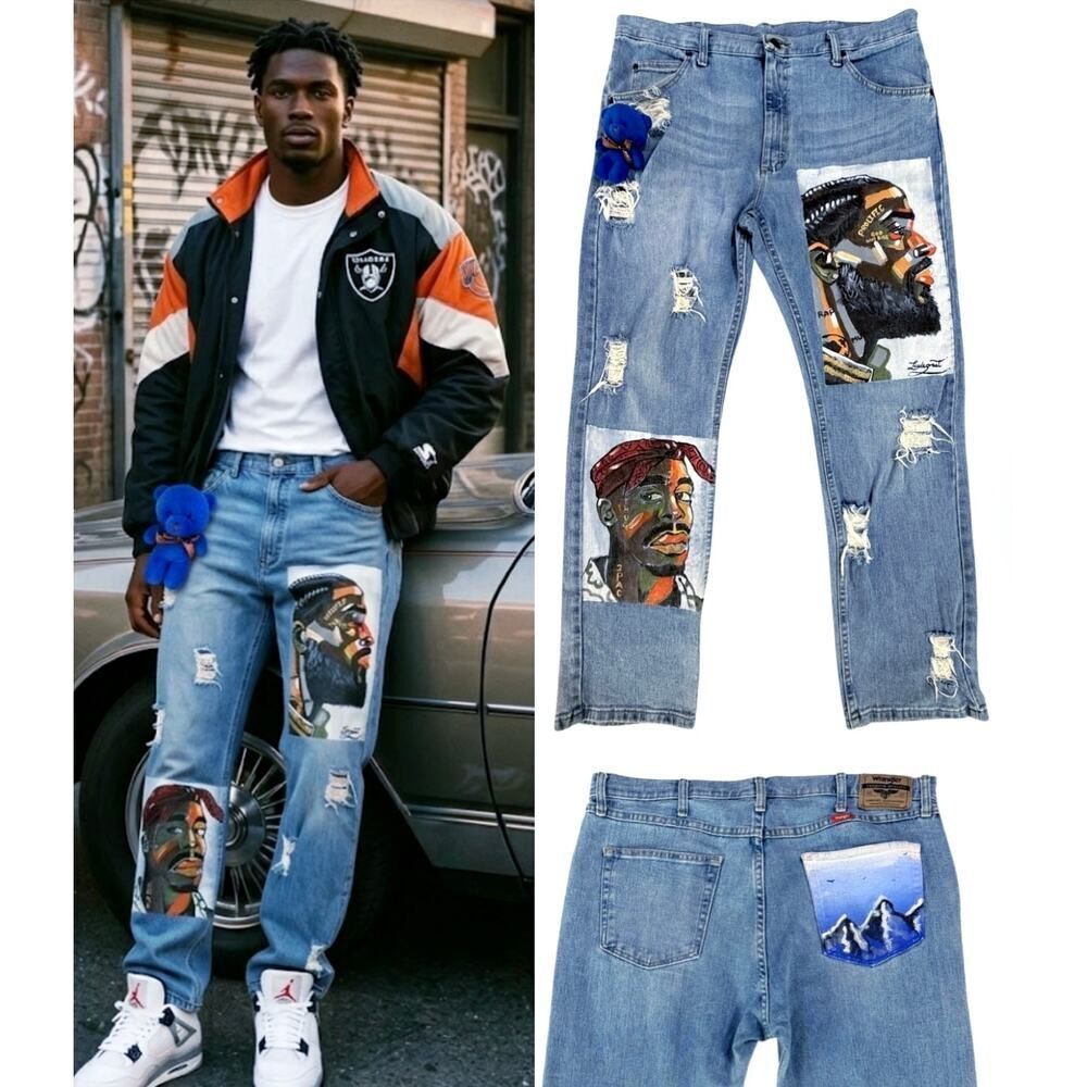 Custom 1 of 1 Tupac Nipsey Hussle Hand-Painted Denim Jeans Streetwear Art SZ 36